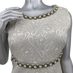 Vintage 1960's Faux Pearls Metallic Silver White BROCADE EVENING GOWN Maxi Dress